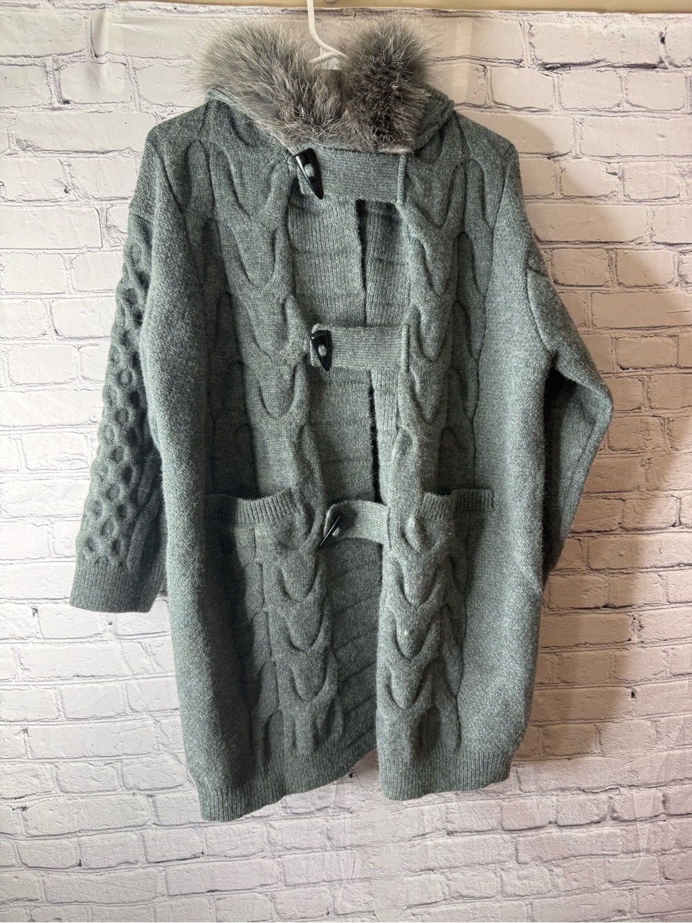 Vntg Mitchies matching dyed blue fox cardigan jacket with faux fur hood medium